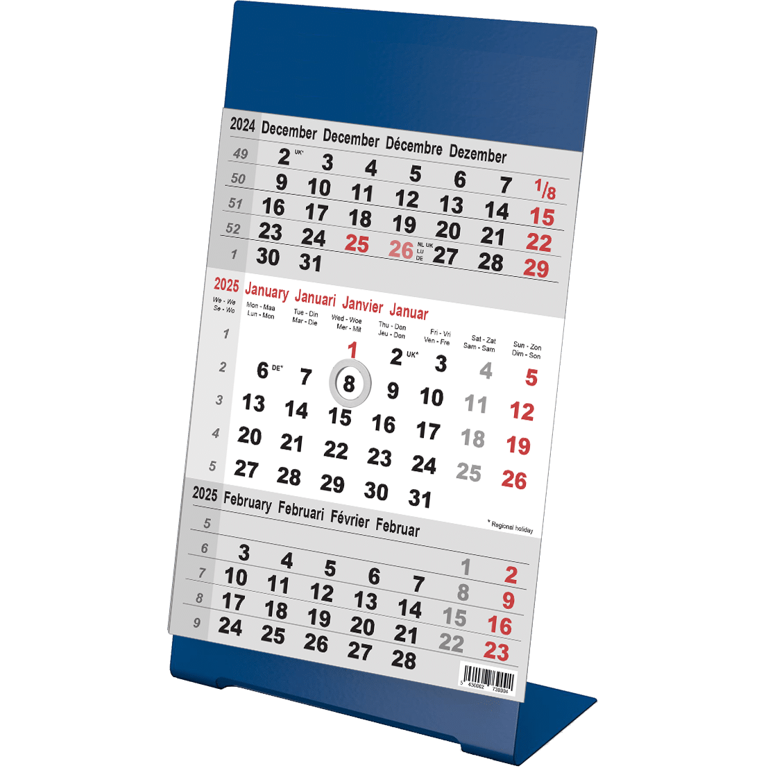 Calendrier de bureau 3 mois 2025 Color bleu