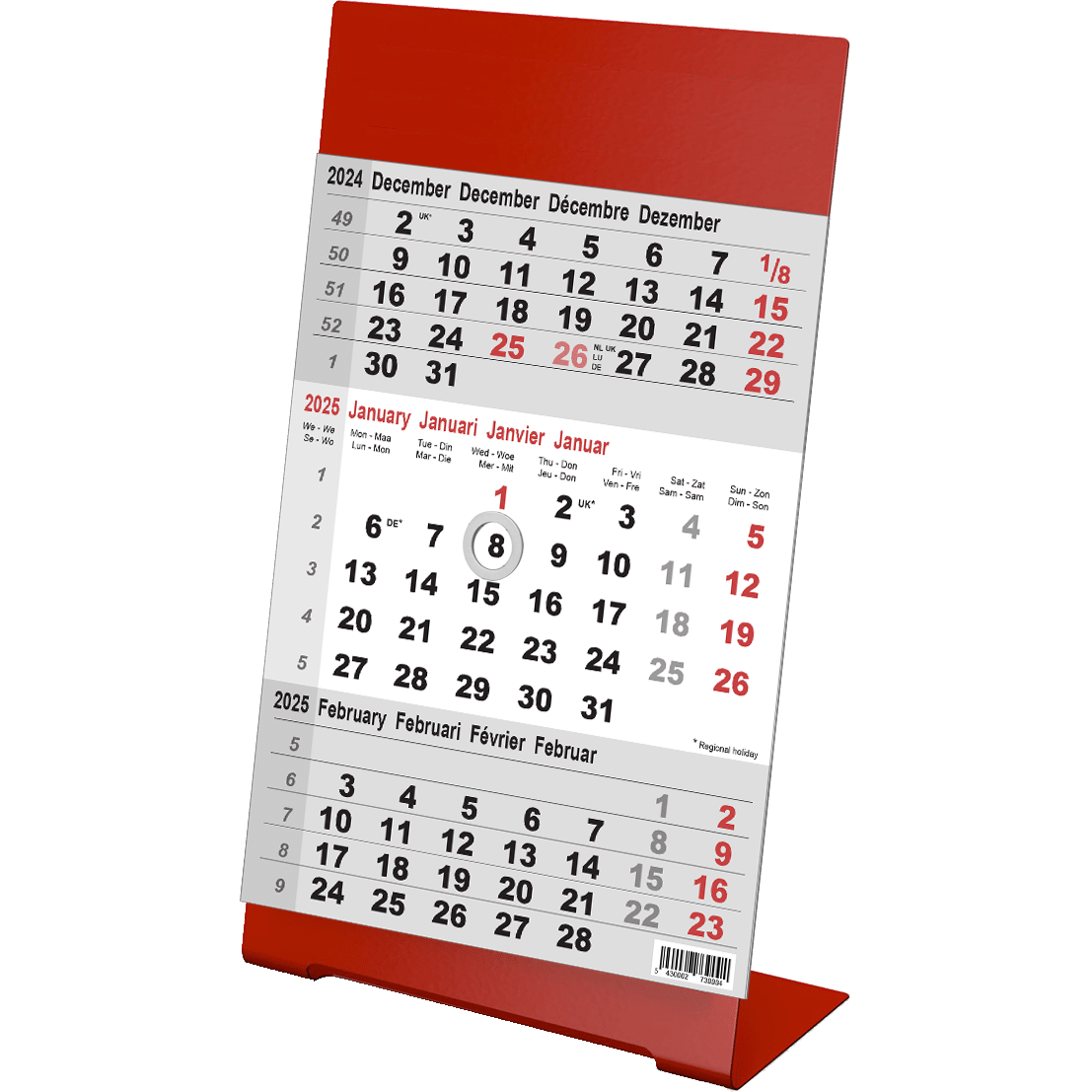 Calendrier de bureau 3 mois 2025 Color rouge