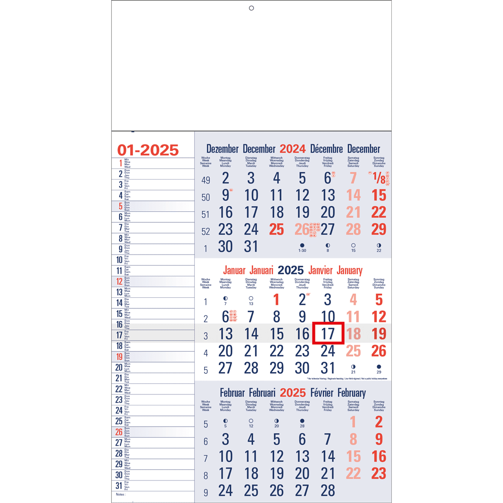 Calendrier trimestriel Mémo 2025 bleu